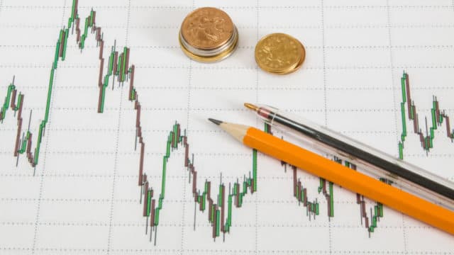 Dow Jones Business chart with paper clips, coins, pencil
